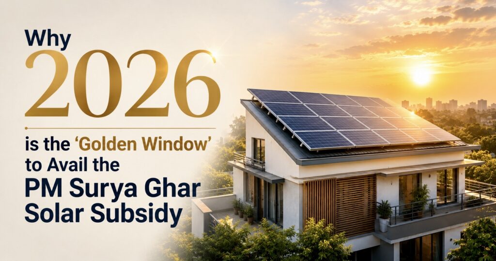 Modern home with rooftop solar panels under a sunrise sky, illustrating the benefits of applying for the PM Surya Ghar Solar Subsidy in 2026 for residential solar energy adoption in India.